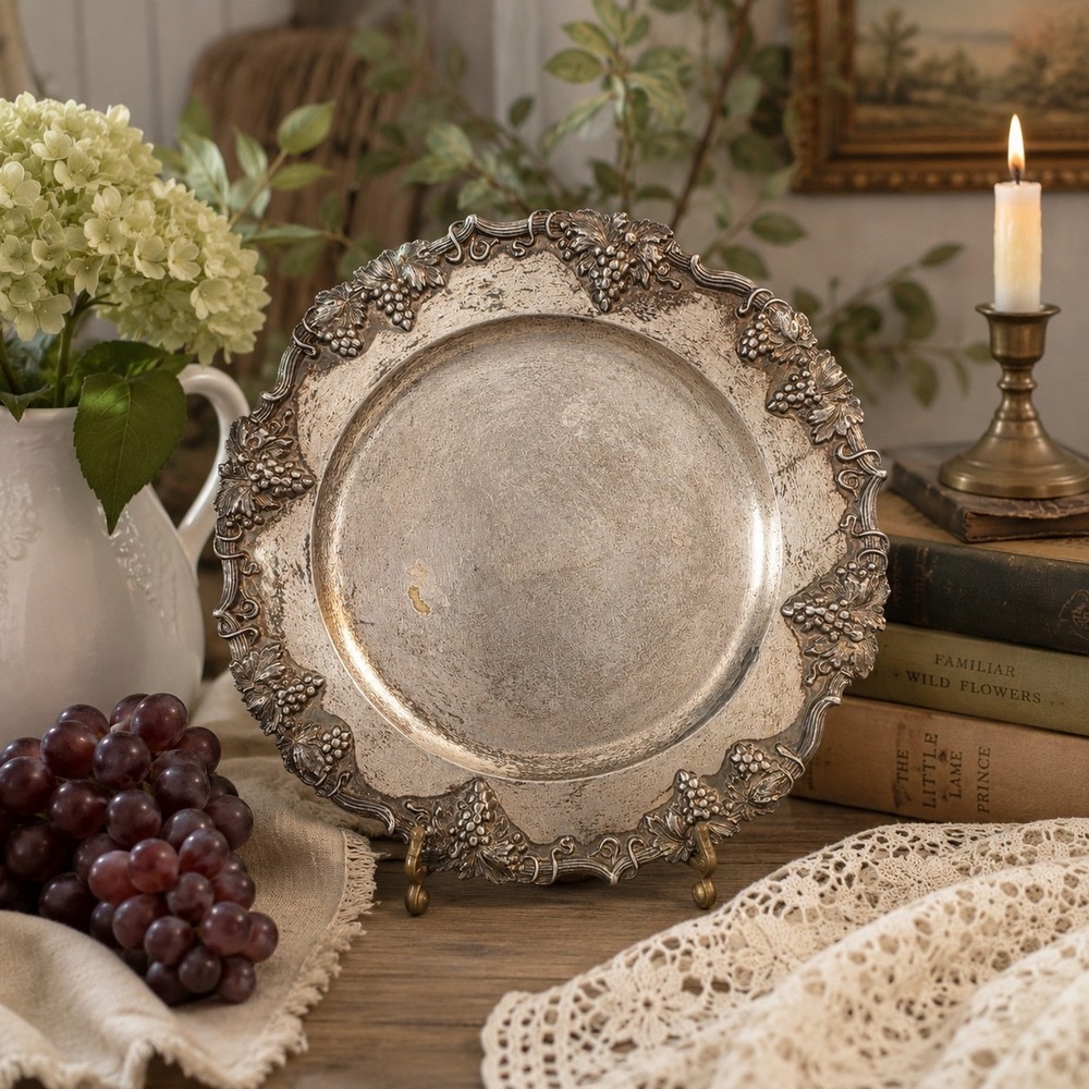 Vintage‎ Sheffield Silver Co. 9" Silver on Copper Grapevine Serving Tray Plate